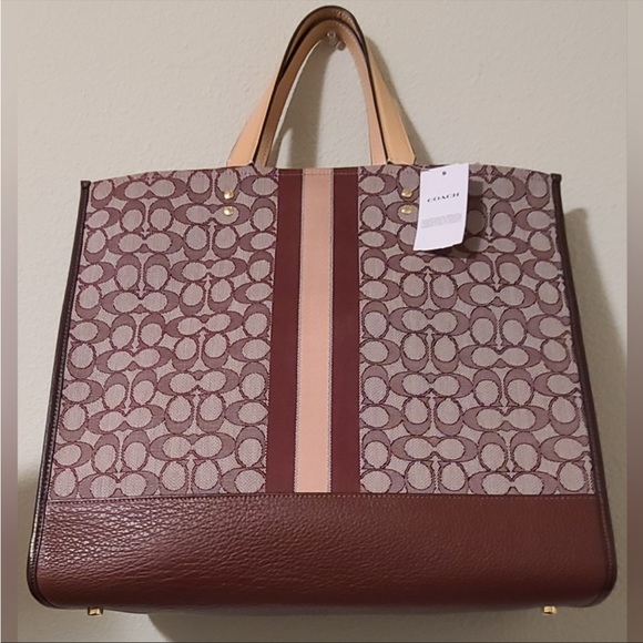 COACH DEMPSEY Tote PURSE 22 Wine Signature Jacquard w Stripe & Patch NWT $378. - Picture 5 of 7